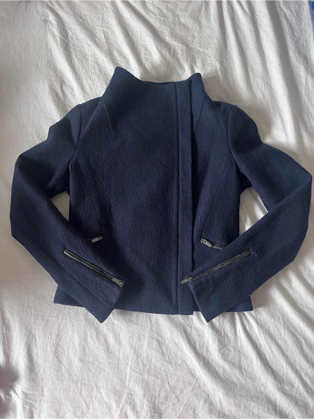MARCS Lani Felted 100% Australian Merino Wool Moto Jacket Navy Blue Size 8